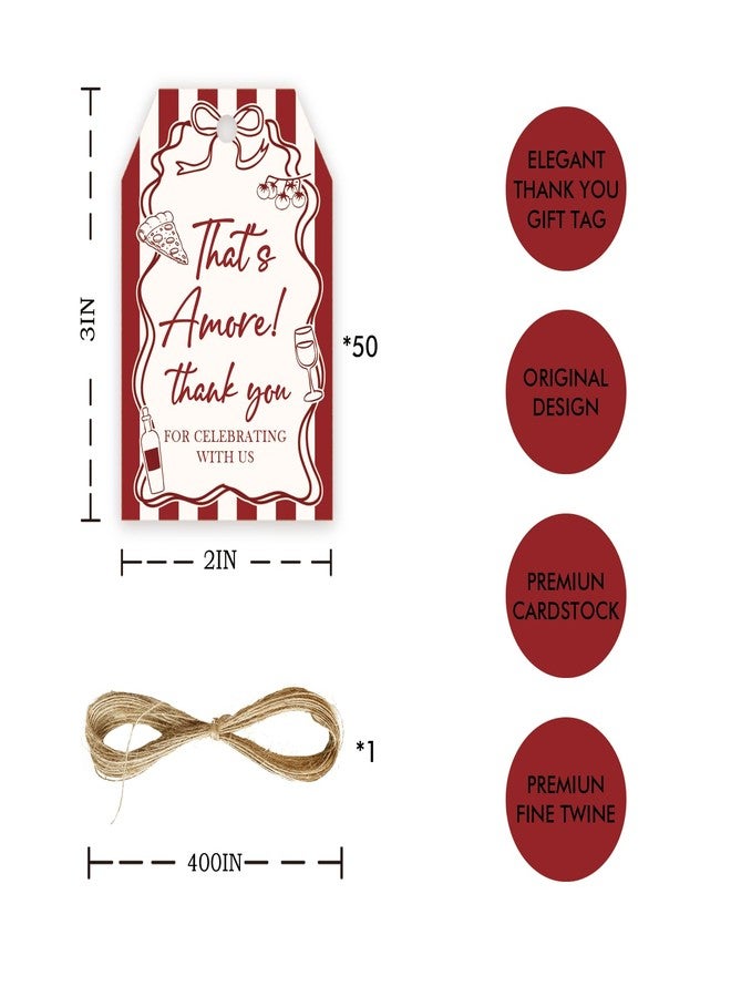 FORSHEEP 50pcs That's Amore Thank You Tags, Italian Bridal Shower Gift Tag with String for Girl, That's Amore Pizza Thank You Paper Tags for Bachelorette Party Favors - Image 2